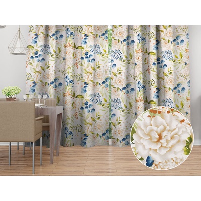 Biante Bavlněný závěs Sandra SA-668 Květy a modro-zelené listy na bílém 150x150 cm
