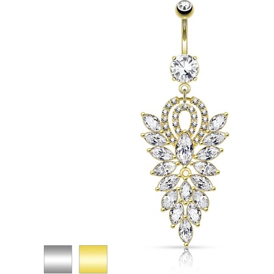 Šperky Eshop ocelový piercing do bříška velký list ze zrnkovitých čirých zirkonů R45.31 stříbrná