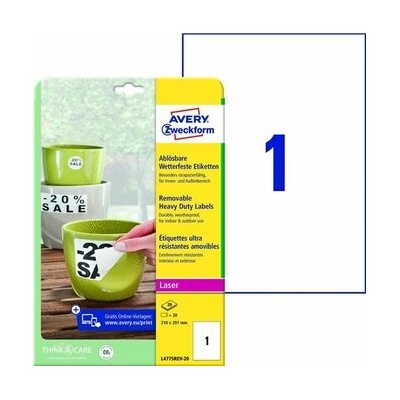 Etikety polyesterové 210x297mm Avery A4 biele odnímateľné 20 hárkov