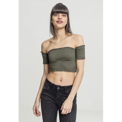 Urban Classics Дамски топ в масленозелен цвят Urban Classics Ladies Cropped Cold Shoulder Smoke Top olive UB-TB2223-00176 - Маслина, размер XL