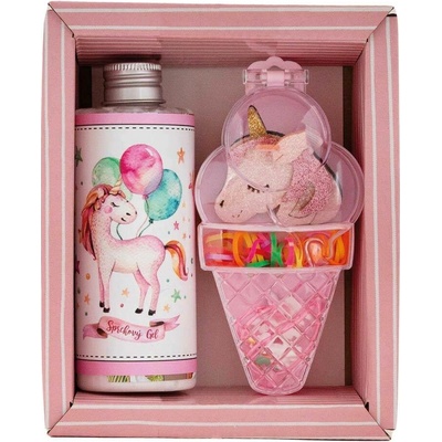 Bohemia Gifts Dětská dárková sada pro holky – sprchový gel 200 ml + sada gumiček do vlasů Jednorožec