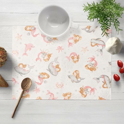 Biante bavlna prostírání Sandra SA-527 Růžové mořské panny s delfíny a velrybami na bílém 35x45cm
