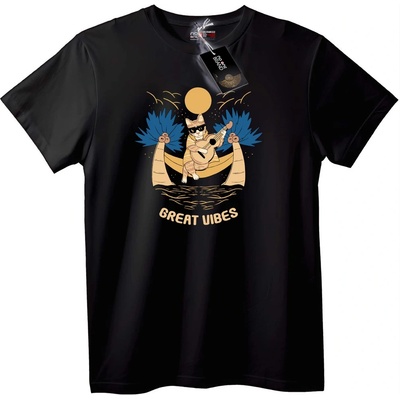 NOONEBRAND Тениска Страхотни Вибрации Котка Укулеле - 2XL, Black