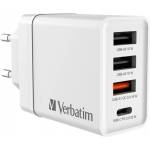 Verbatim Мрежово зарядно устройство, 1xUSB-C PD (20W), USB-A QC 3.0, 2xUSB-A (10W), VERBATIM, бяло 49701 (49701)