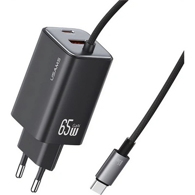 USAMS Зарядно устройство USAMS JC за захранване от мрежата с гнездо Type-C 65W, GaN + фиксиран кабел Type-C, ЧЕРНО CC266TC01 (CC266TC01)