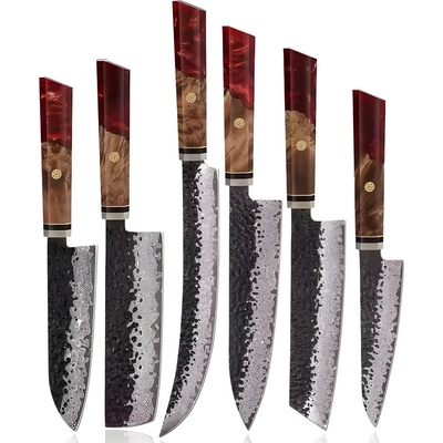 HARAHU Комплект кухненски ножове дамаск ai-37356 - Червен kp37356 (ai-37356)