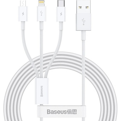 Baseus Кабел за зареждане Baseus Superior, 3 в 1, Micro USB, Lightning, Type-C, 1.0m, Бял - 40438 (40438)