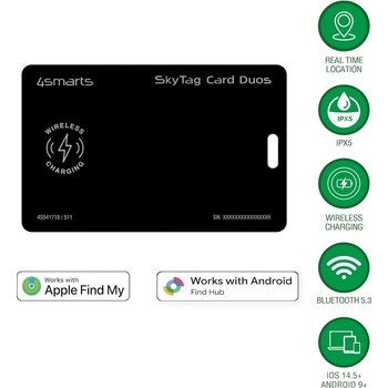 4smarts Устройство за намиране на изгубени вещи чрез Apple FindMy и Android Find Hub - 4smarts SkyTag Duos ReCharge Card Location Finder (черен) (541718)