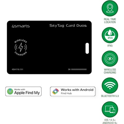 4smarts Устройство за намиране на изгубени вещи чрез Apple FindMy и Android Find Hub - 4smarts SkyTag Duos ReCharge Card Location Finder (черен) (541718)