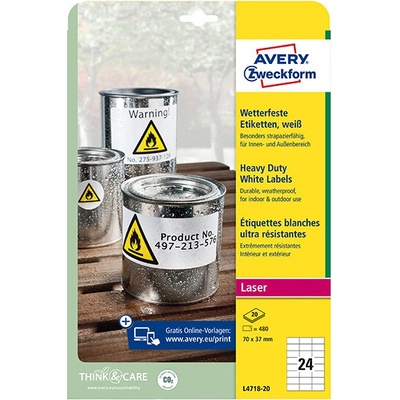Avery Zweckform 70 mm x 37 mm A4 matné bílé 24 etiket velmi odolné baleno po 20 ks L4718-20 pro laserové tiskárny a L4718-20