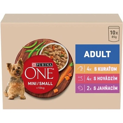 Purina One Mini Dog Adult kura, hovädzie, jahňacie v šťave 10 x 85 g