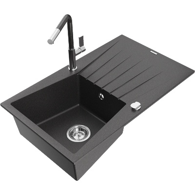 Mexen Cesar гранитна кухненска мивка с 1 корито с отцедник и смесител Flora, черен на пръски - 6514-76-670401-08 (6514-76-670401-08)