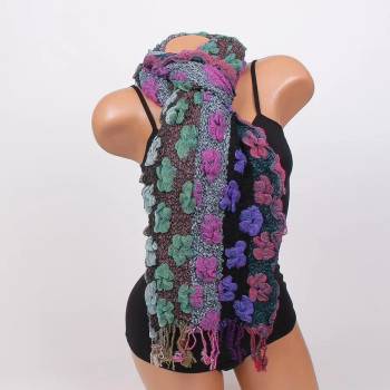 Image 1 of Дамски разноцветен шал с ефектни цветя и ресни