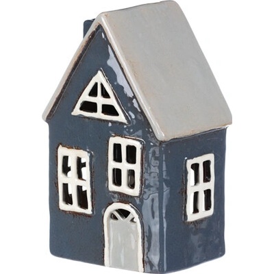 Modrý keramický domek na čajovou nebo LED svíčku 20 cm Svítící keramická dekorace 20 × 12 × 8,5 cm