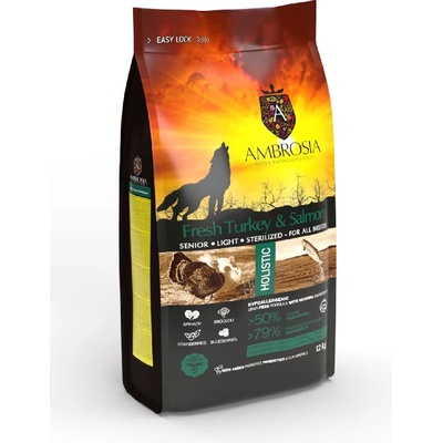 AMBROSIA Ultra premium Аll breeds adult sterilized , senior, light за кучета възрастни и стерилизирани от всички породи с прясна пуйка и сьомга 12kg