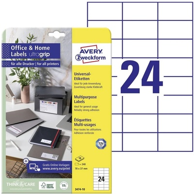 Avery-Zweckform 3474-10 70 x 37 mm papier biela 240 ks trvalé univerzálne etikety atrament, laser, kópie 10 listov A4