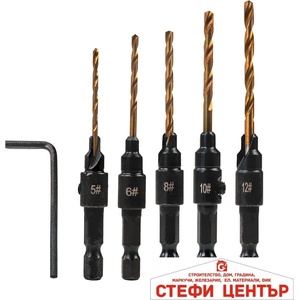 Raider Свредла с фрезенк за дърво 1/4" hex 5бр. Ø5, 6, 8, 10, 12mm (157116)