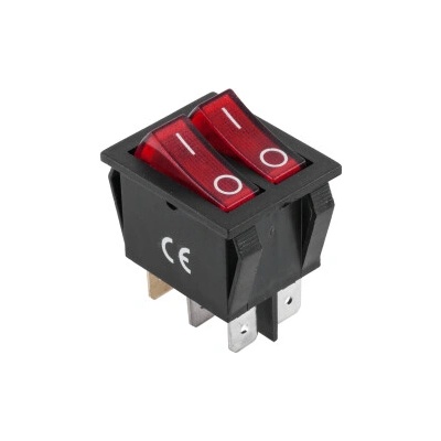 Dvojitý kolískový prepínač 6-pin, 230V, červený, podsvietený PRK0049
