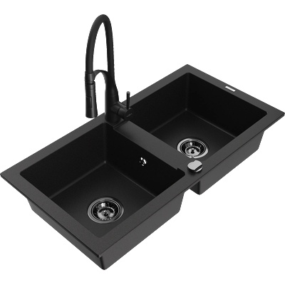 Mexen Mario двоен гранитен мивка с кухненски смесител Aster, черен - 6504-77-73450-70-B (6504-77-73450-70-B)