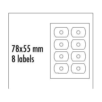Logo etikety na CD 78mm x 55mm, A4, matné, biele, 8 etikiet, CD-R card, 140g/m2, balené po 25 ks, pre atramentové a laserové tlači