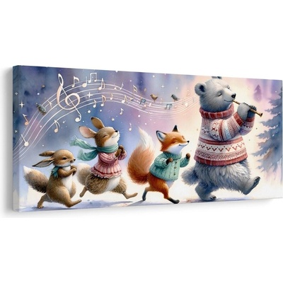 Obraz zimní průvod zvířátek s melodií - 120x60