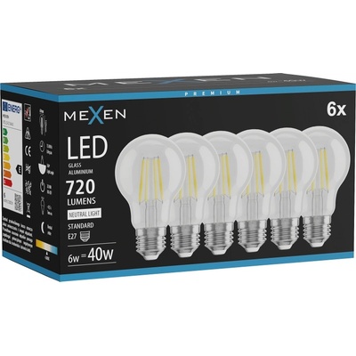 Mexen Vintis 6x LED филаментна крушка E27, A60, 6W, Неутрална - 4000K, 720 lm, прозрачна (L150-E27-0640-00x06)