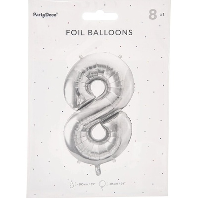 PartyDeco Fóliový balón číslo 8 strieborný 86 cm