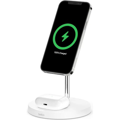 Belkin Boost Charge Pro 2-in-1 Wireless Charger with MagSafe 15W - двойна поставка (пад) за безжично зареждане за iPhone с Magsafe и AirPods (бял)