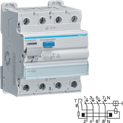 HAGER CDA625D 4 pól. 25A / 0,03 A typ A 10 kA