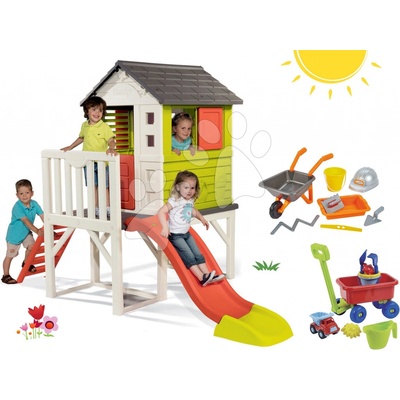 Smoby Set domeček na pilířích Pilings House s 1,5 m skluzavkou a vozík na tahání Peppy Handwagen s otočnými kolečky 24 m