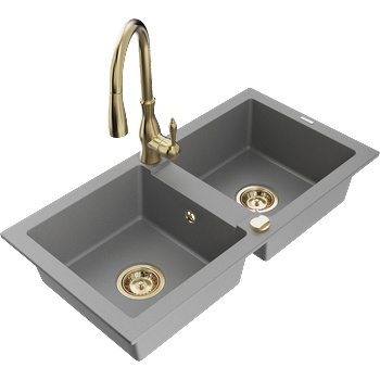 Mexen Mario двоен гранитен мивка с кухненски смесител Savita, сив - 6504-71-672601-50 (6504-71-672601-50)