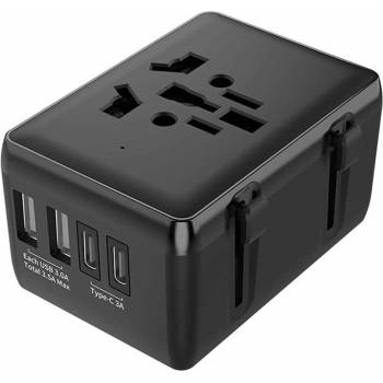 Techsuit Travel Adapter (HHt204A) 15W - захранване с 2xUSB-C и 2xUSB-A изходи и преходници за цял свят в едно устройство за мобилни устройства (черен)