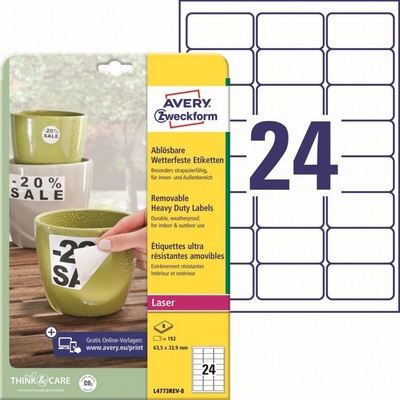 Avery Zweckform L4773REV-8 Odolné etikety, snímatelné 63,5x33,9mm 192 ks bílá