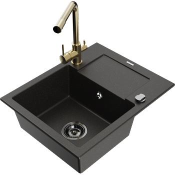 Mexen Enzo 1-коморов гранитен мивка с отцедник и кухненски смесител Duero, черен/златен металик - 6506-75-671600-50-B (6506-75-671600-50-B)