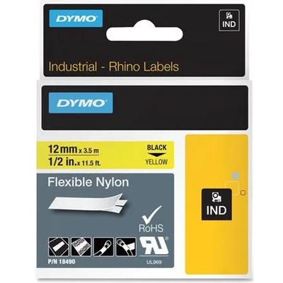 DYMO Етикетираща лента за машини, гъвкава ID, 12 mm x 3, 5 m, DYMO "Rhino", жълто-черна 18490 (18490)