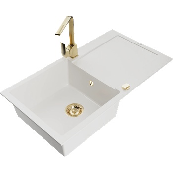 Mexen Leo гранитна мивка с 1 отделение, отцедник и кухненски смесител Rita, бял - 6501-20-670300-50 (6501-20-670300-50)