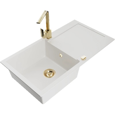 Mexen Leo гранитна мивка с 1 отделение, отцедник и кухненски смесител Rita, бял - 6501-20-670300-50 (6501-20-670300-50)