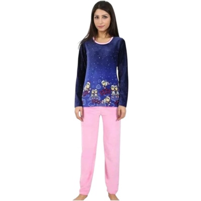 Плюшена дамска пижама в тъмносиньо и розово с картинка на овчици