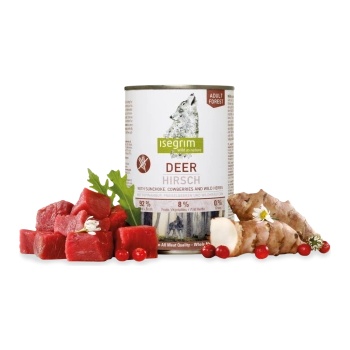 isegrim - Висококачествена консервирана храна за израснали кучета с месо от елен, земна ябълка, боровинки и билки, 800 гр
