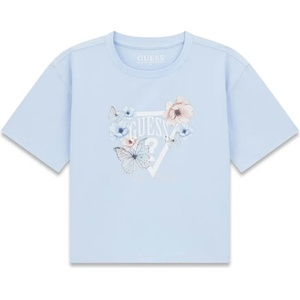 GUESS Светло синя тениска за момиче с бяло лого и цветя Guess