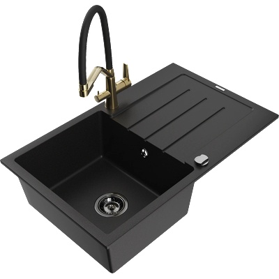Mexen Bruno гранитна кухненска мивка с 1 отделение с отцедник и кухненски смесител Duo, черен - 6513-77-671701-57-B (6513-77-671701-57-B)