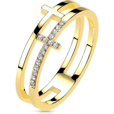 Šperky4U dvojitý ocelový prsten s křížem OPR1871GD