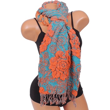 Image 1 of Зимен шал в тюркоазено с оранжеви цветя и ресни