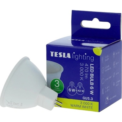 Tesla lighting LED žárovka GU5,3 MR16, 6W, 12V, 470lm, 25 000h, 3000K teplá bílá, 100st