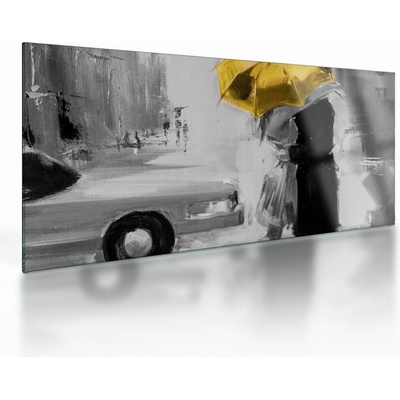 Sklenený obraz - Zamilovaný pár pod dáždnikom, žltý, jednodielne 100x50 cm na skle