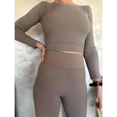 Sim Fashion Rebrovaný crop top s dlhým rukávom KELLY Cappuccino