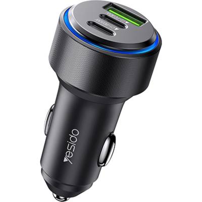 YESIDO Автомобилно зарядно - Yesido Y50 - 2× Type-C + USB, 60W, LED пръстен, интелигентен температурен контрол - Черно