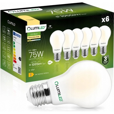 Lumiled 6x LED žárovka E27 A60 8W = 75W 1055lm 3000K Teplá bílá 360° Filament