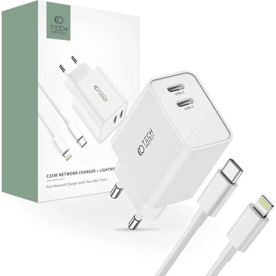 Tech-Protect Адаптер Tech-Protect C35W, 2x USB-C, PD 35W, с USB-C / Lightning кабел, бели