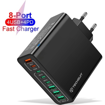 Techsuit Зарядно устройство Priza Char 4 x USB, 4 X Type-C, бързо зареждане, 65W - (CHPD224) - черно